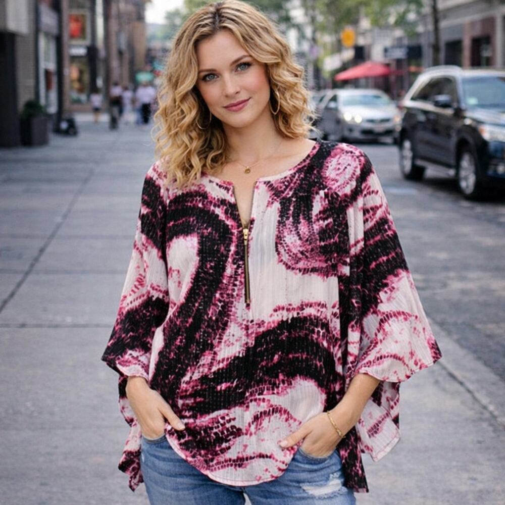 Dana Buchman Blouse Women’s Large Pink White Abstract Flutter Sleeves Stretchy
